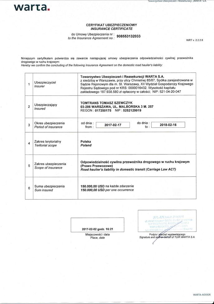 Polisa transportowa Ubezpieczenie od odpowiedzialności za transport, przewóz i usługi przeprowadzkowe dla firmy TomTrans, Warszawa